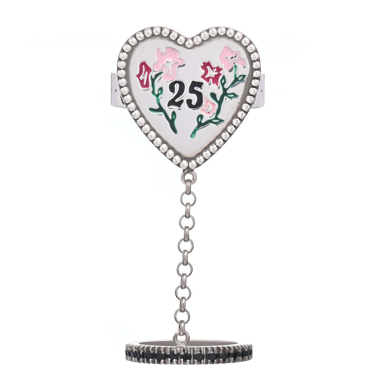 Gucci Sterling Silver Black Spinel Heart 25 Chain Ring 56 7.5 1 of 6