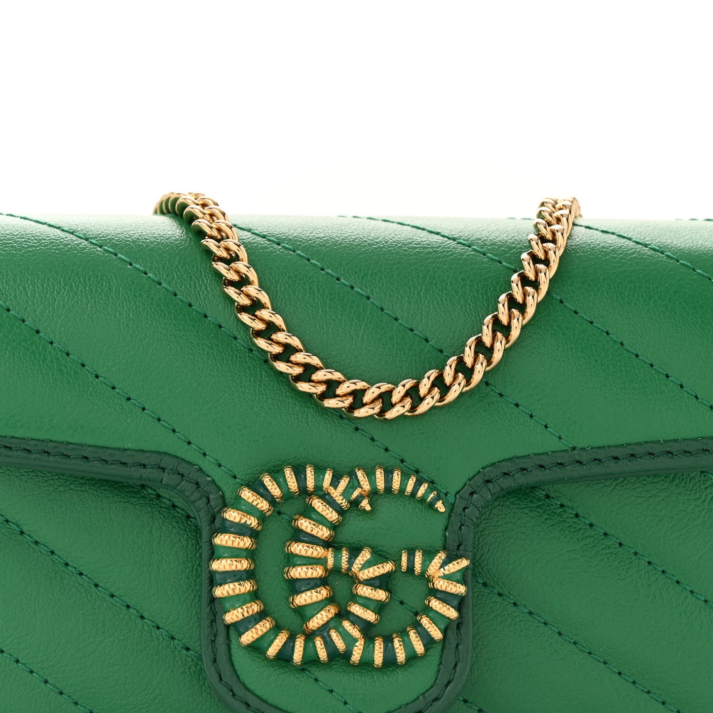 Azalea Calfskin Enamel Matelasse Diagonal Super Mini Torchon GG Marmont Shoulder Bag New Shamarock Emerald