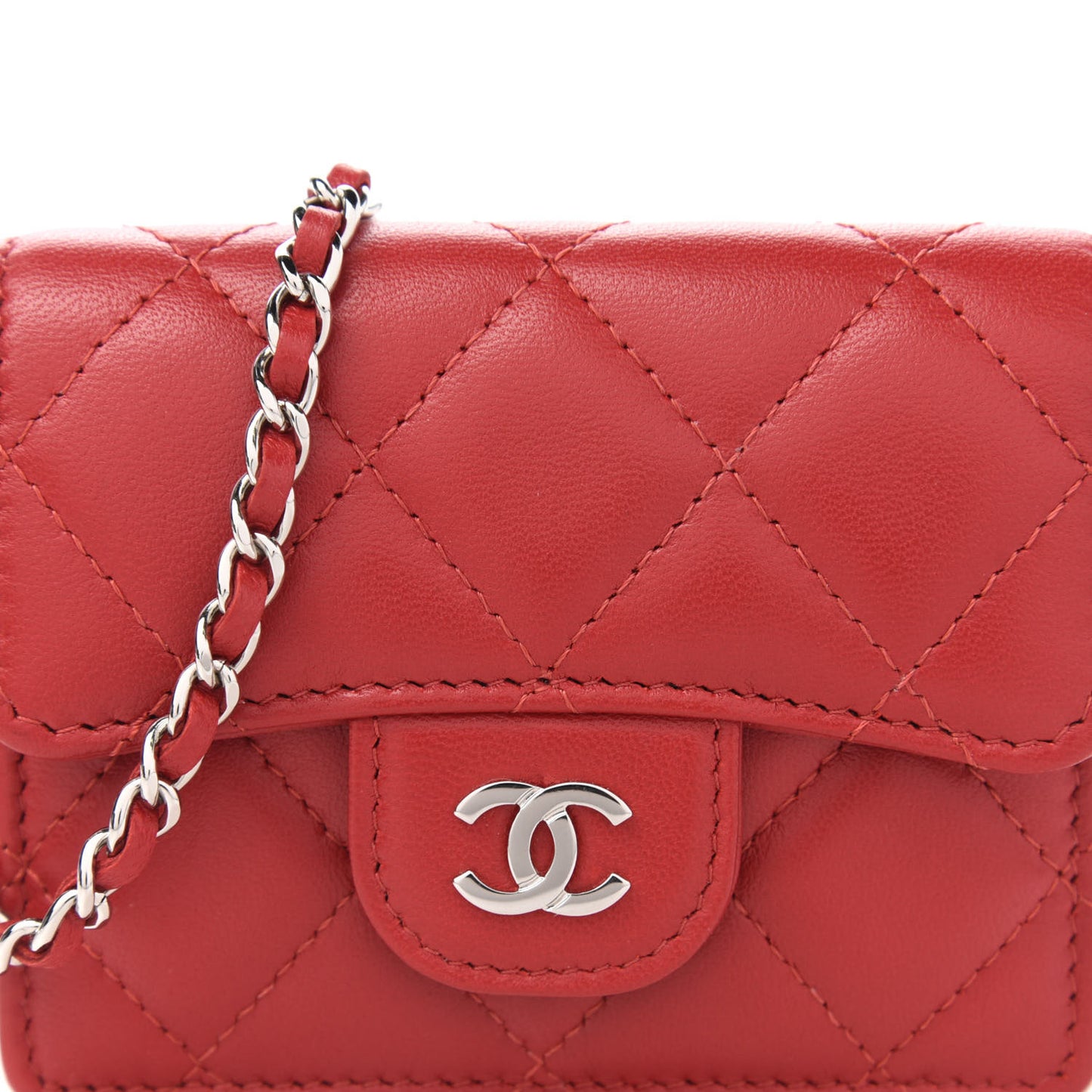 Lambskin Quilted Flap Card Holder On Chain Red