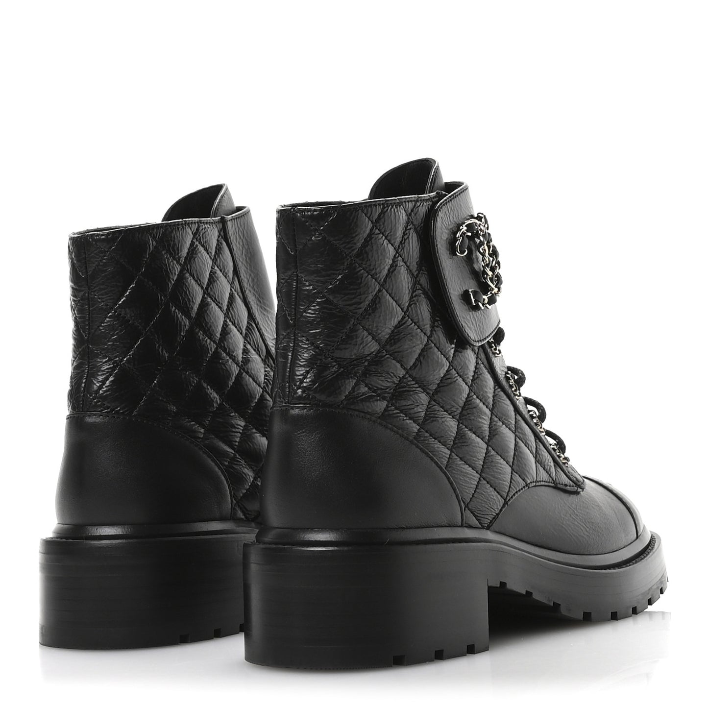 Shiny Goatskin Calfskin Quilted Lace Up Combat Boots 39 Black