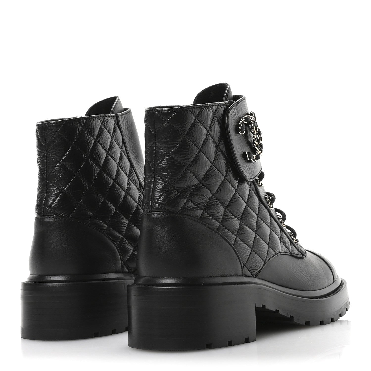 Chanel Shiny Goatskin Calfskin Quilted Lace Up Combat Boots 39 Black 5 of 9