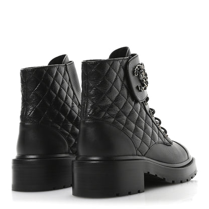 Chanel Shiny Goatskin Calfskin Quilted Lace Up Combat Boots 39 Black 5 of 9