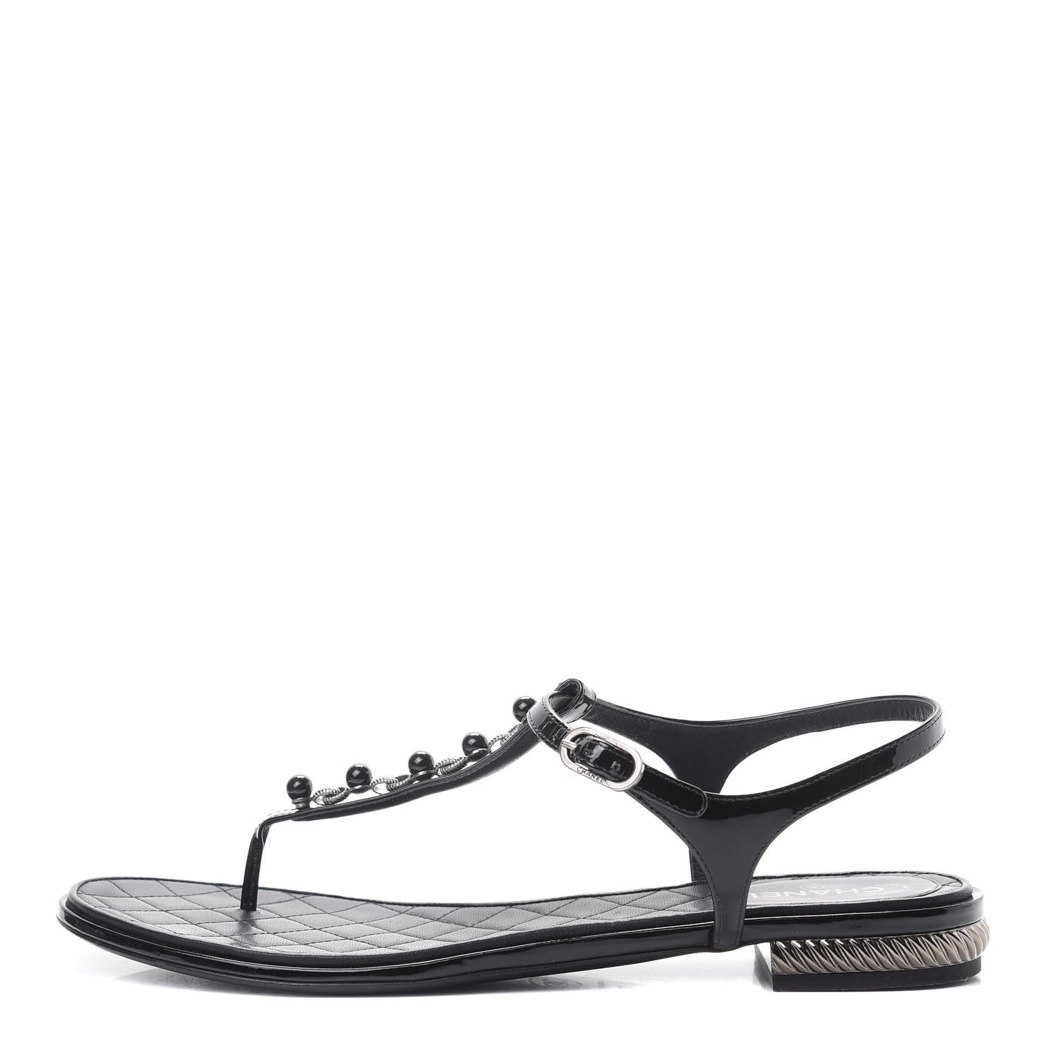 Chanel Patent Bead Chain Thong Sandals 39.5 Black 1 of 11