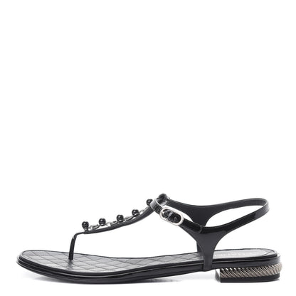Chanel Patent Bead Chain Thong Sandals 39.5 Black 1 of 11