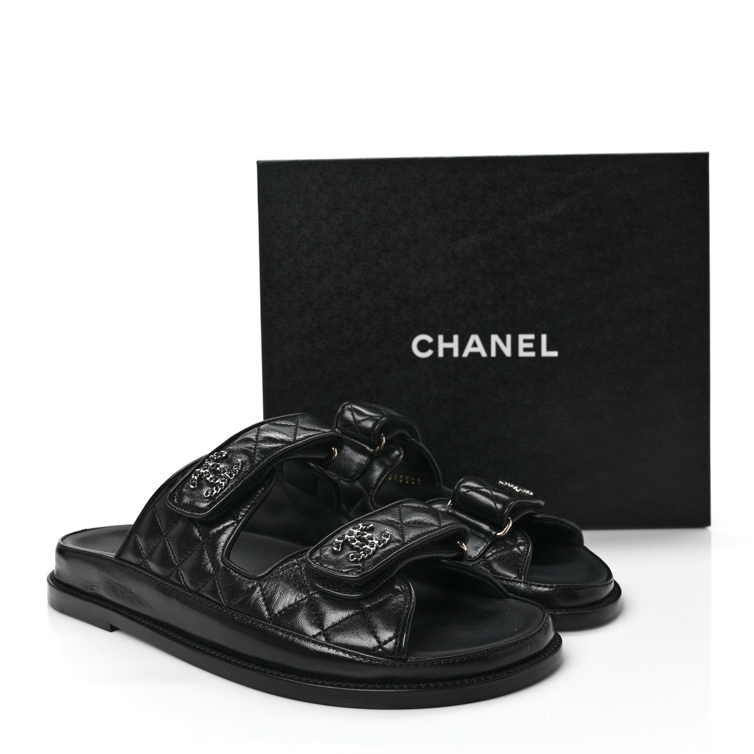 Chanel Lambskin Quilted Velcro Dad Chain CC Slide Sandals 40 Black 9 of 9