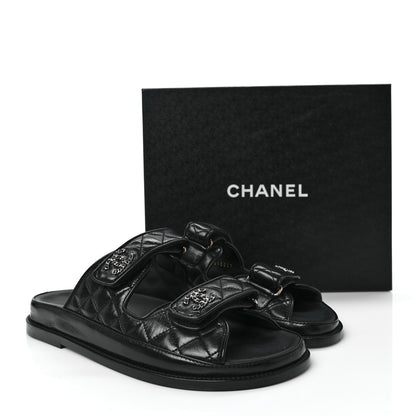 Chanel Lambskin Quilted Velcro Dad Chain CC Slide Sandals 40 Black 9 of 9
