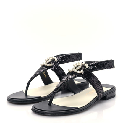 Chanel Lambskin Sequin Pearl CC Thong Sandals 36 Black 3 of 8