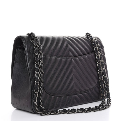 Chanel Iridescent Caviar Chevron Quilted Jumbo Double Flap Black 3 of 12