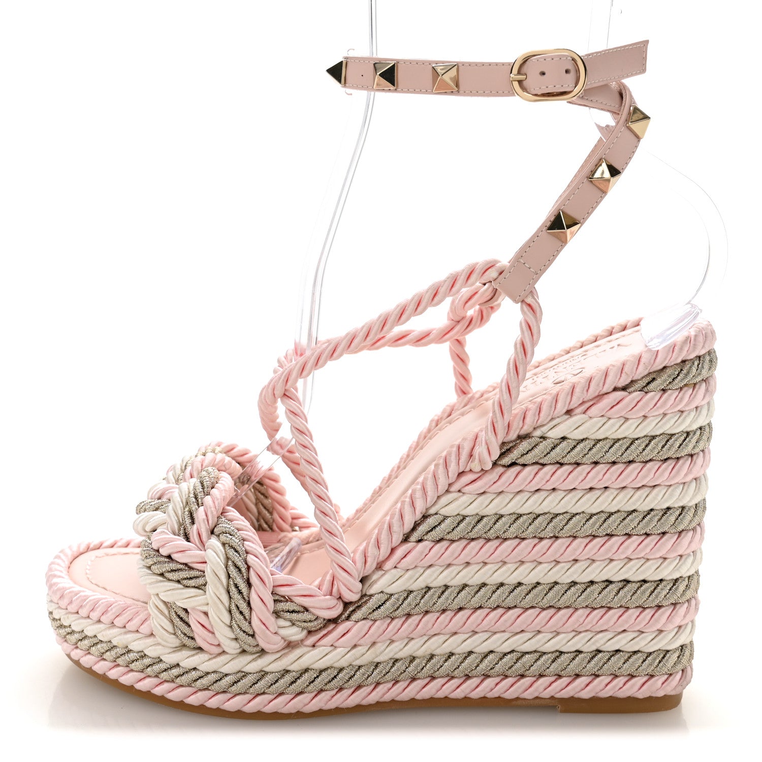 Valentino Garavani Calfskin Rockstud Rope Espadrille Wedge Sandals 37 Pink 1 of 8