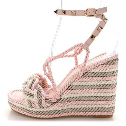 Valentino Garavani Calfskin Rockstud Rope Espadrille Wedge Sandals 37 Pink 1 of 8