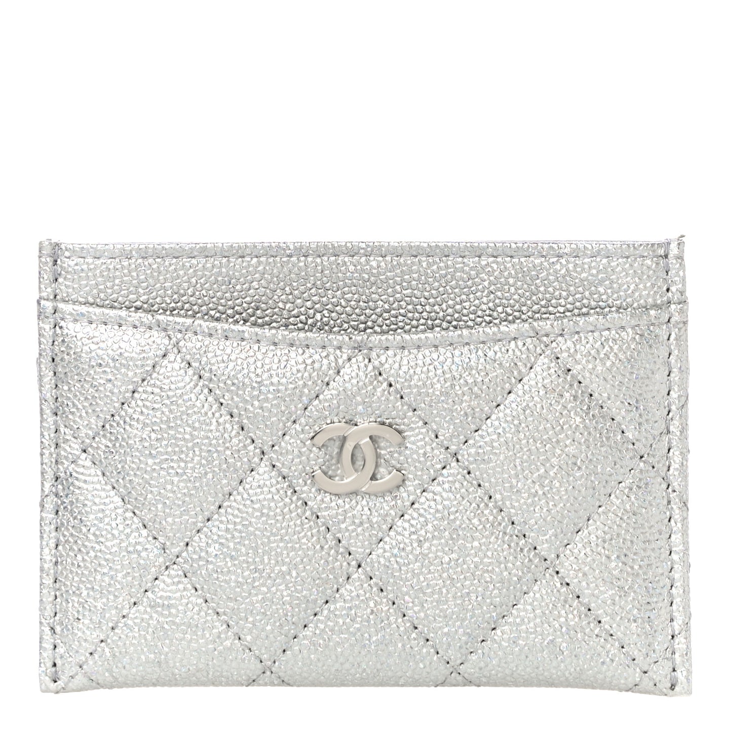Metallic Caviar Quilted Card Holder Silver