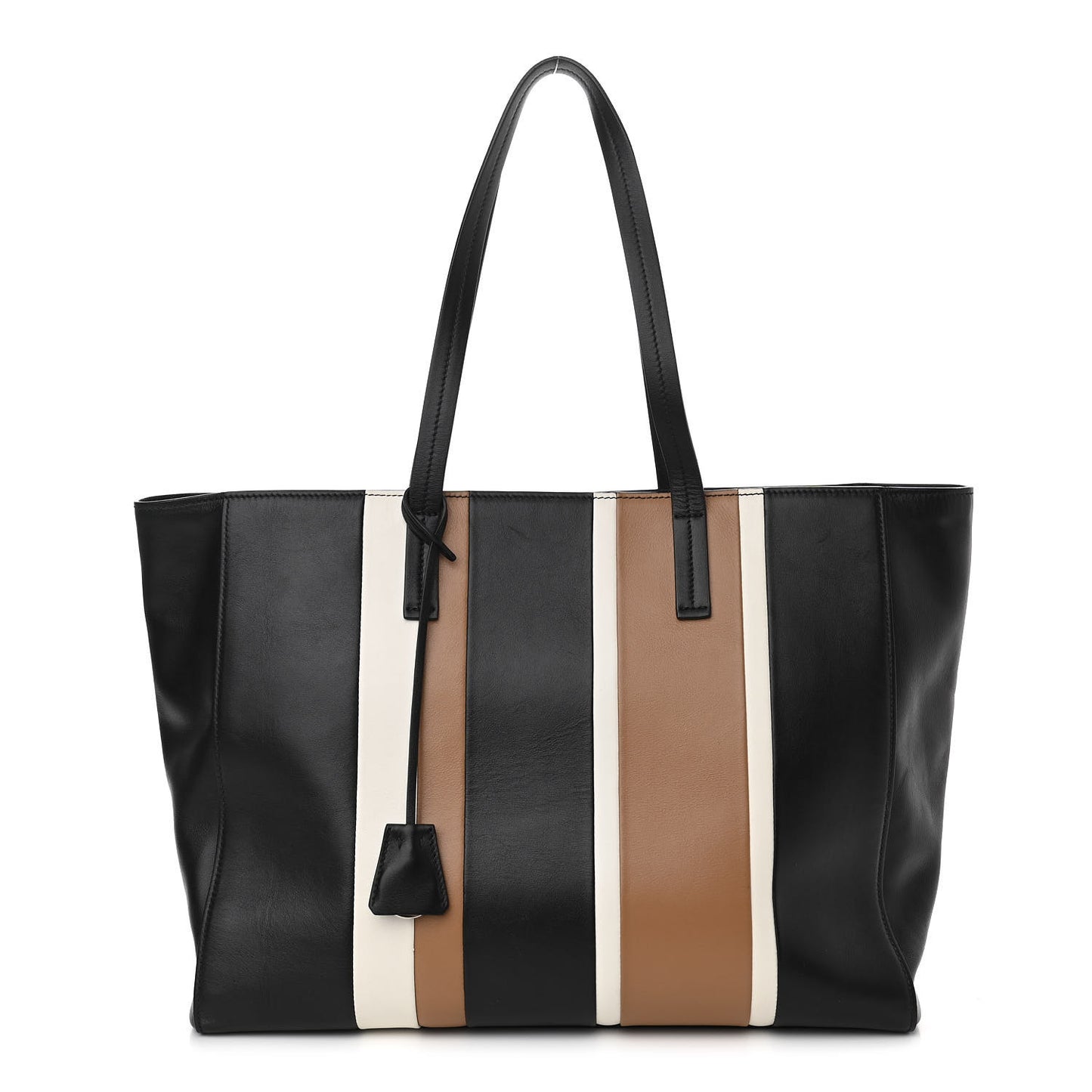 Calfskin Baiadera Striped Shopping Tote Black Caramel White