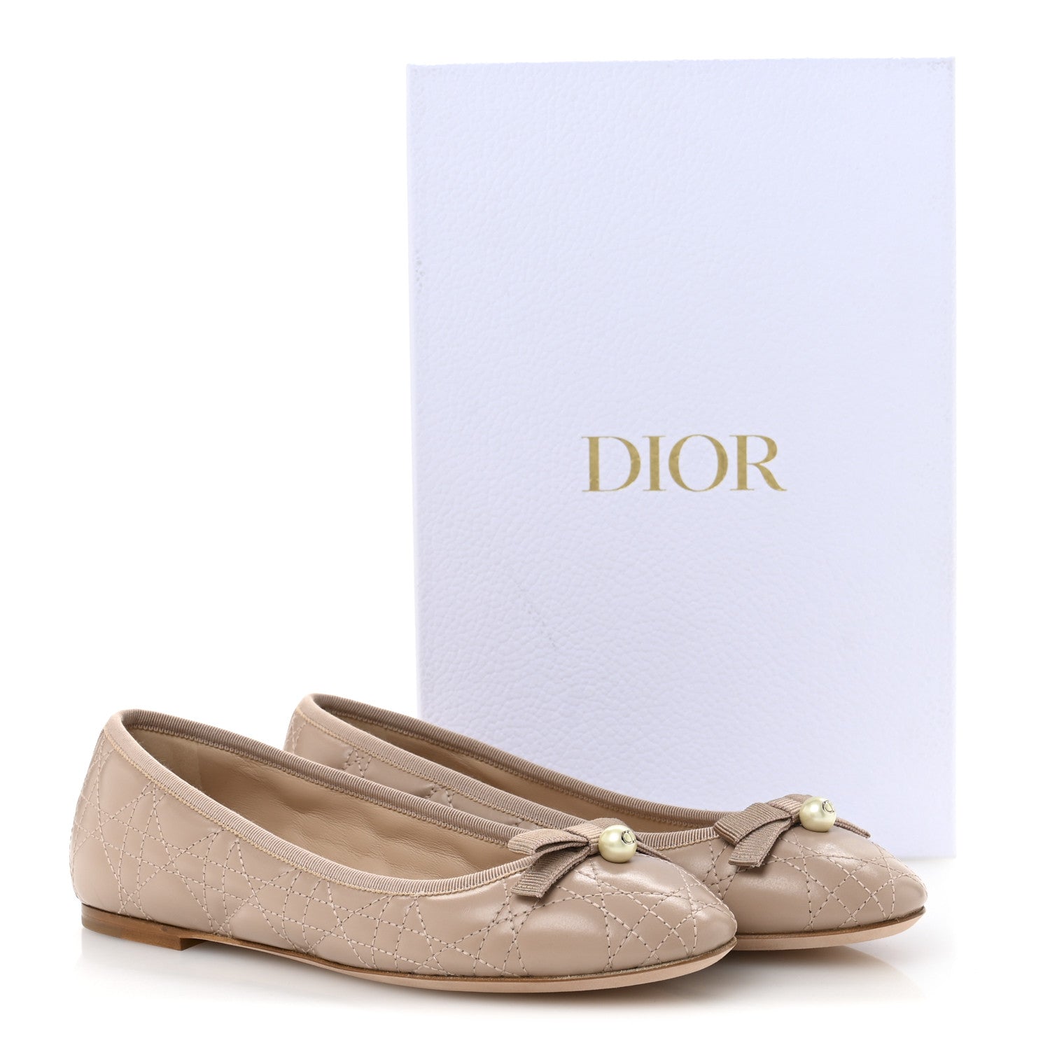 Christian Dior Calfskin Cannage Pearl Bow Ballet Flats 37.5 Nude
