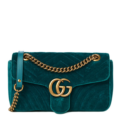 Gucci Velvet Matelasse Small GG Marmont Shoulder Bag Pavone Cyan 1 of 14
