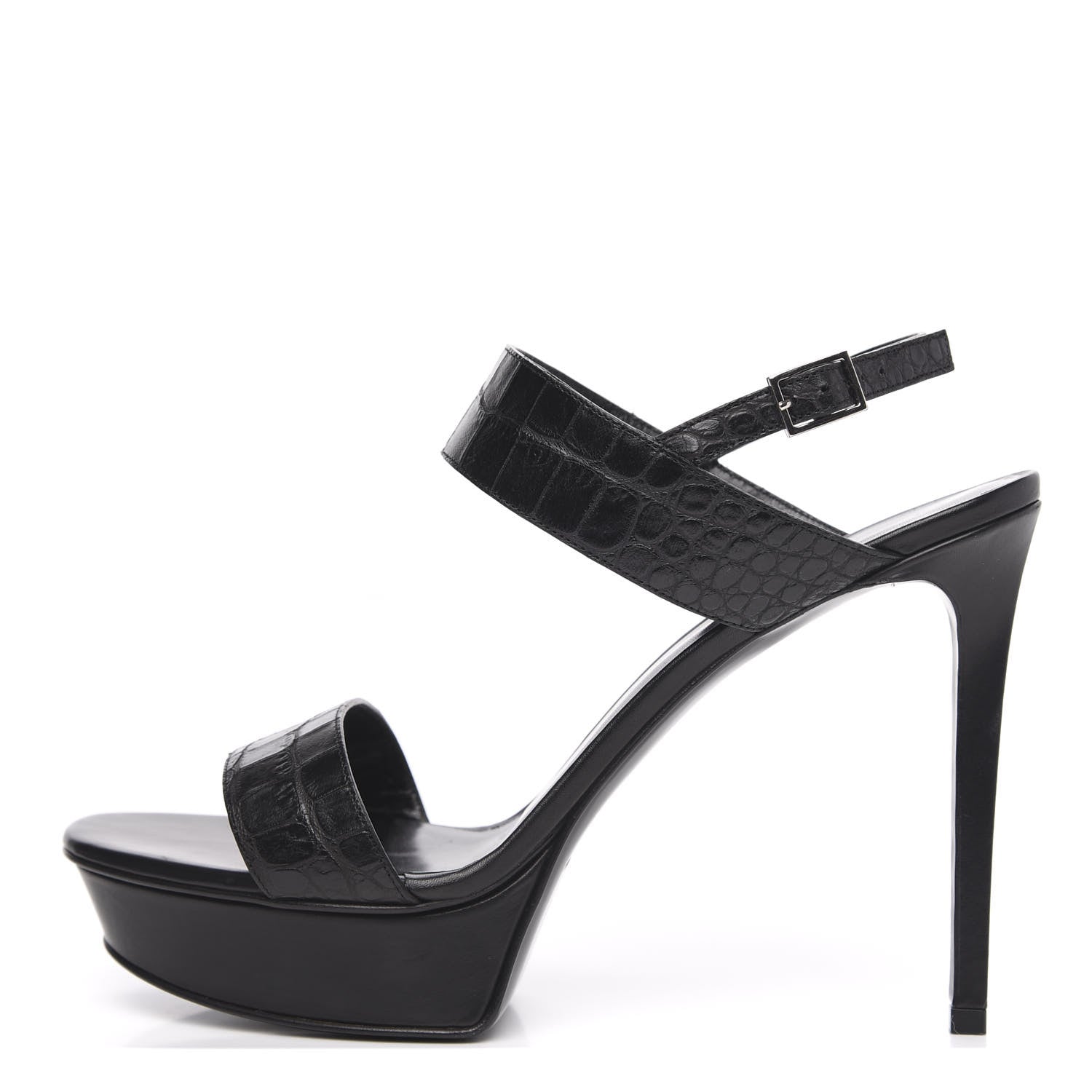 Saint Laurent Calfskin Crocodile Embossed 80 Platform Ankle Strap Sandals 40 Black 1 of 8