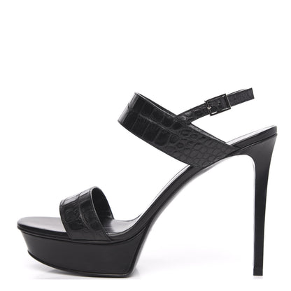 Saint Laurent Calfskin Crocodile Embossed 80 Platform Ankle Strap Sandals 40 Black 1 of 8