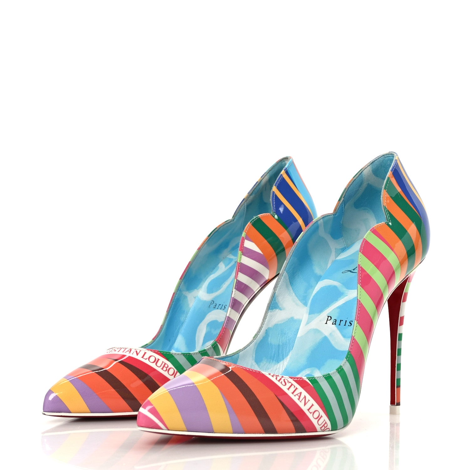 Christian Louboutin Patent Striped Grand Bain Swimming Pool Hot Chick 100 Pumps 38 Multicolor Lin Blue White 3 of 10
