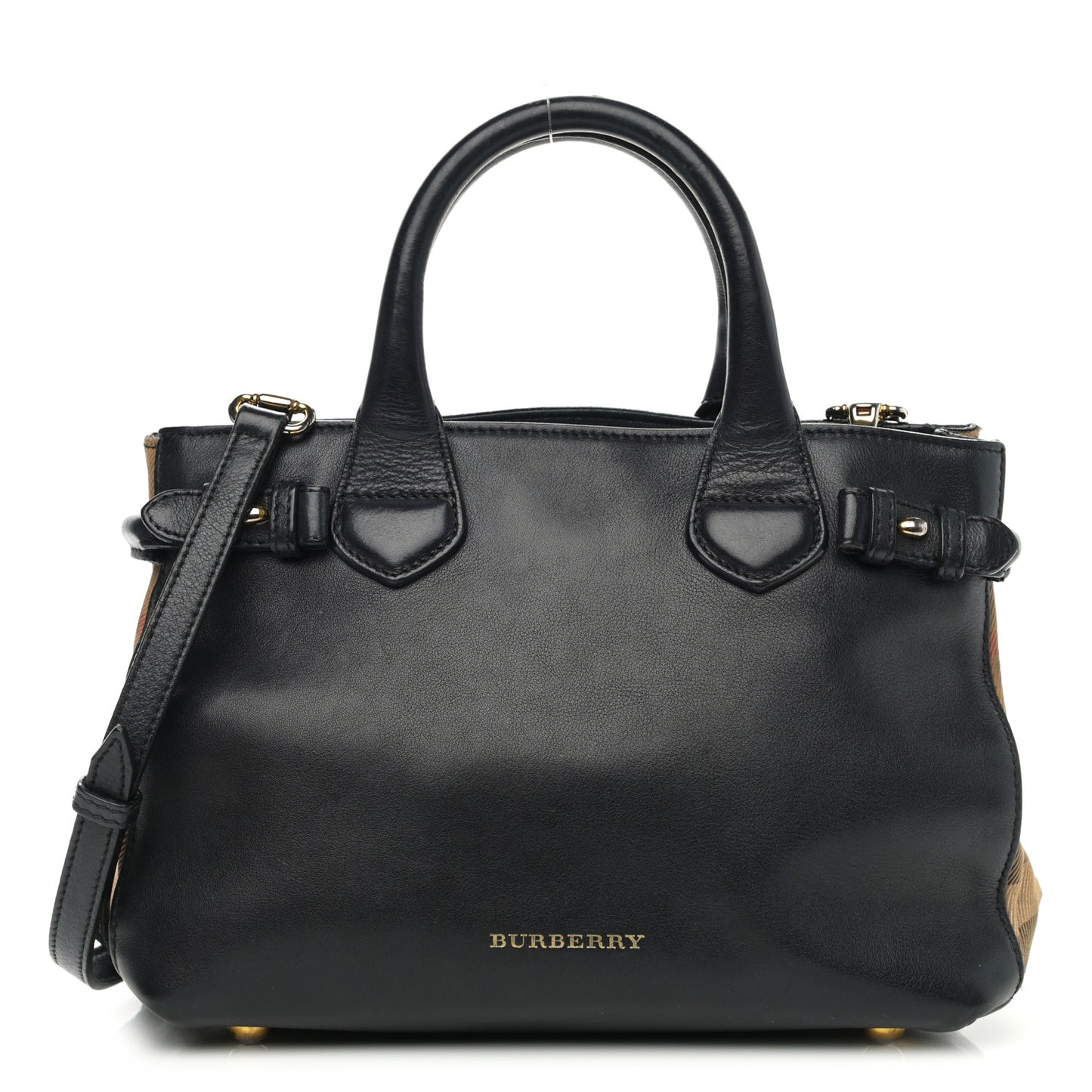 Calfskin House Check Small Banner Tote Black
