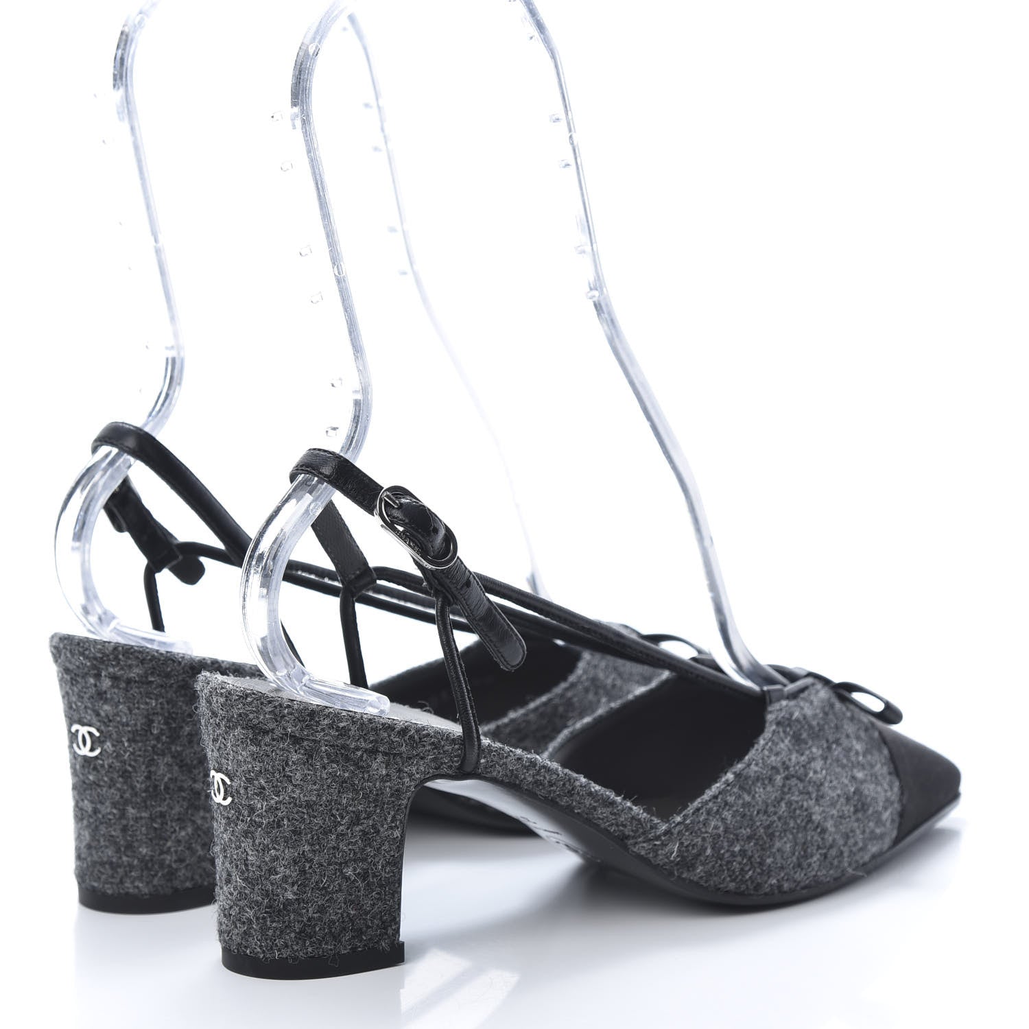 Chanel Tweed Satin Cap Toe CC Slingback Pumps 37.5 Black Grey 4 of 9