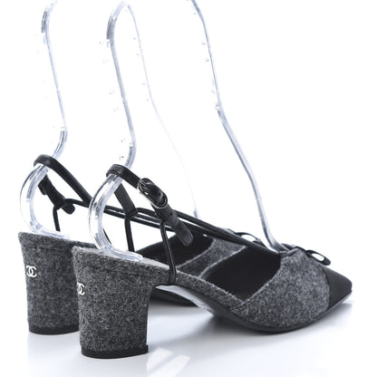 Chanel Tweed Satin Cap Toe CC Slingback Pumps 37.5 Black Grey 4 of 9