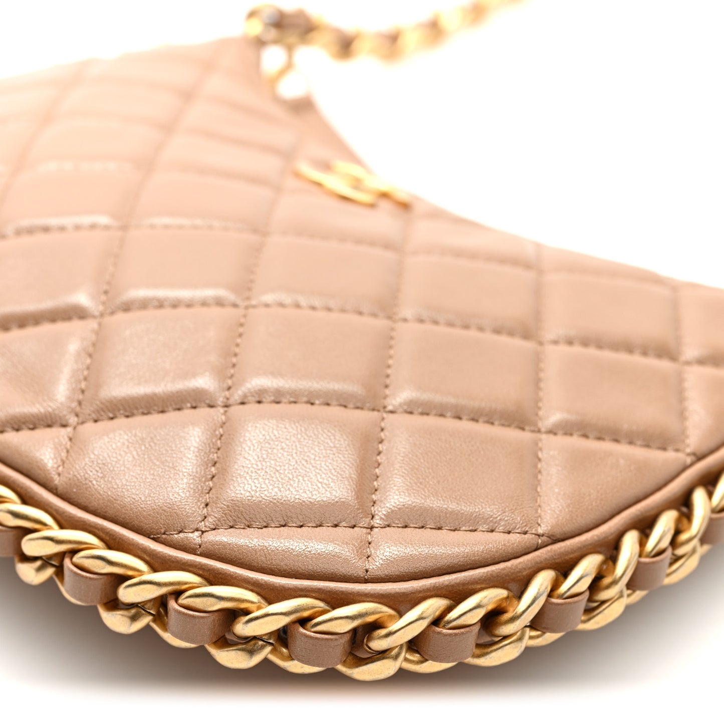 Shiny Crumpled Lambskin Quilted Trendy Chain Around Hobo Dark Beige