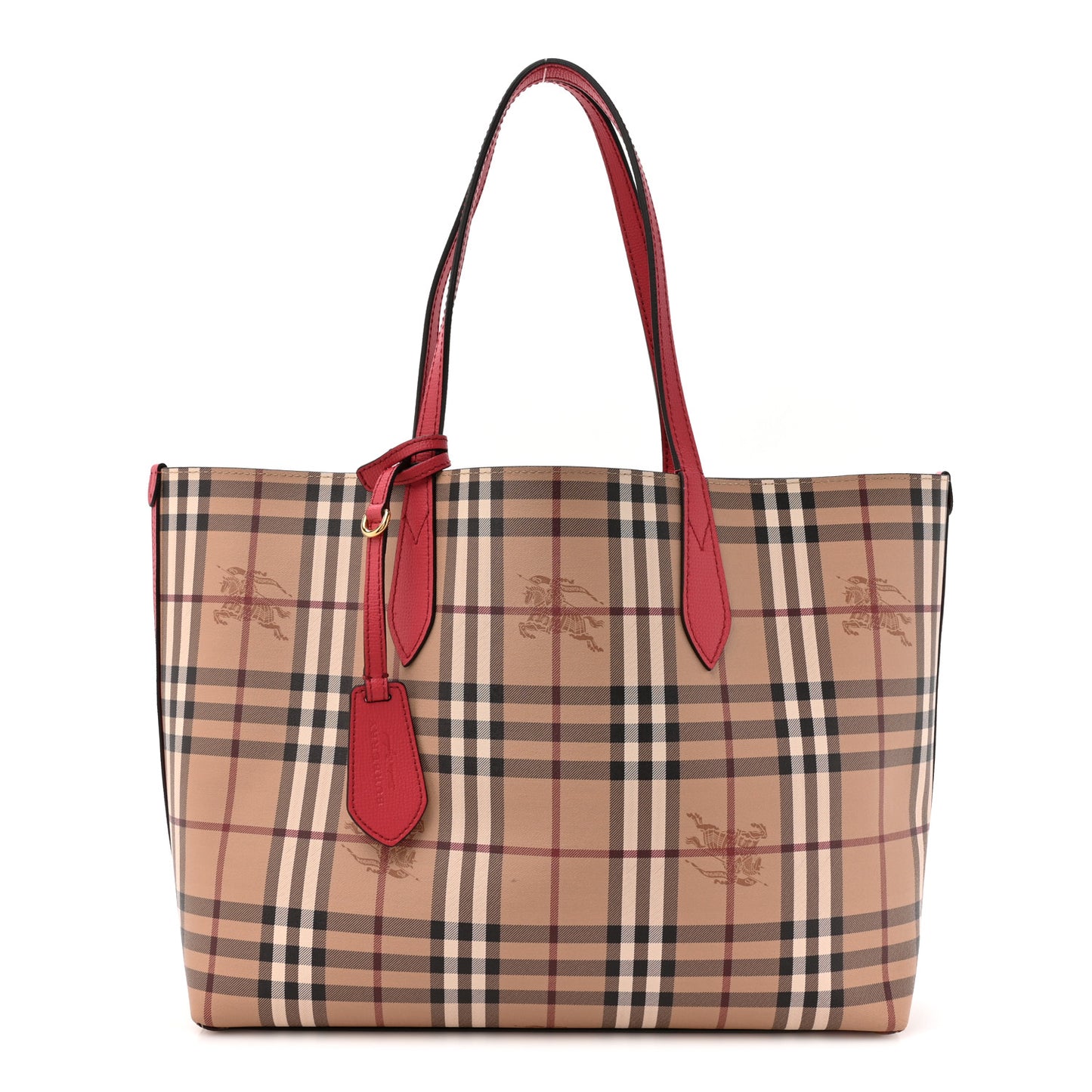 Grainy Calfskin Haymarket Check Medium Reversible Tote Coral Red