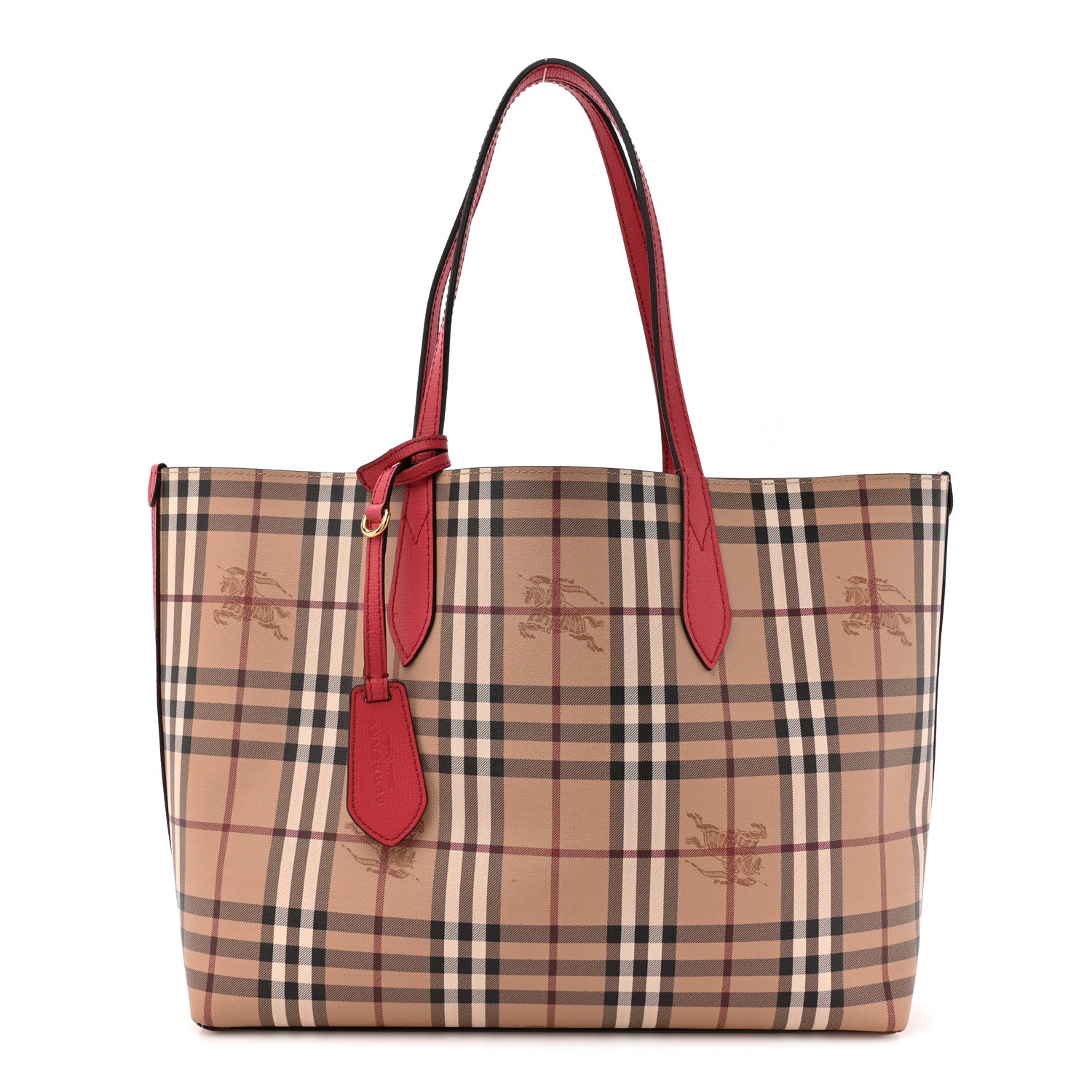 Burberry Grainy Calfskin Haymarket Check Medium Reversible Tote Coral Red 1 of 16