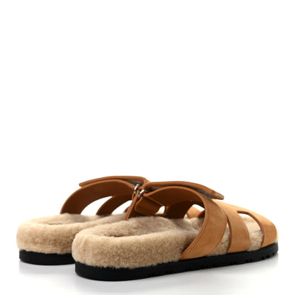 Hermes Suede Goatskin Woolskin Womens Chypre Sandals 38 Golden Beige 4 of 8