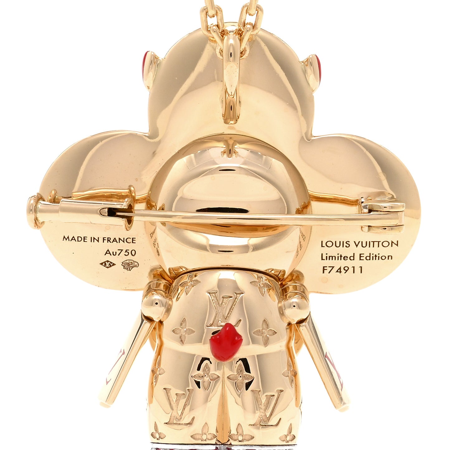 18K Yellow White Gold Lacquer Diamond Spinel Vivienne Red Lion Dance Brooch Necklace