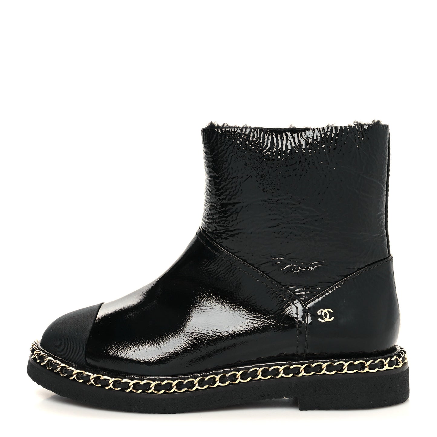 Crumpled Calfskin Shearling Womens Cap Toe Chain Short Boots 37 Black