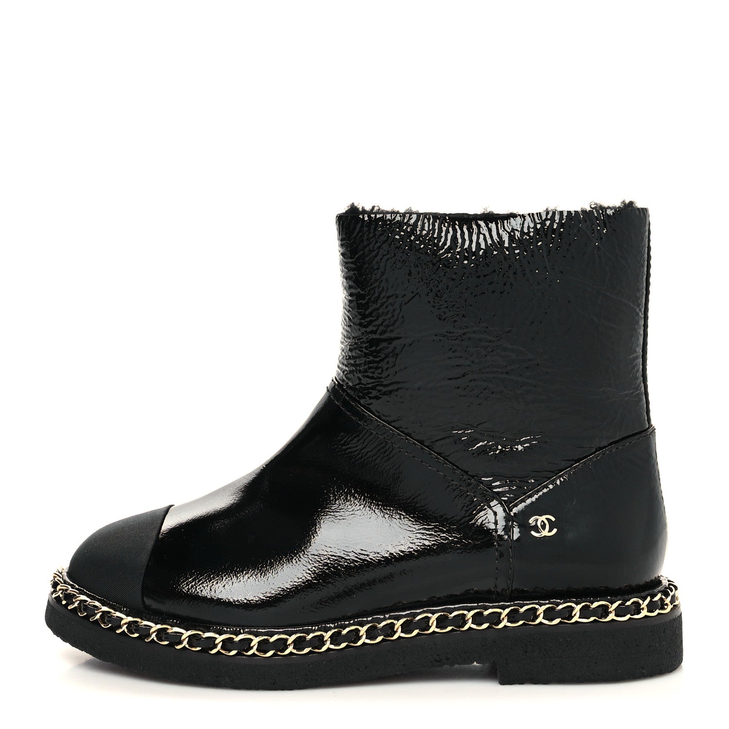 Chanel Crumpled Calfskin Shearling Womens Cap Toe Chain Short Boots 37 Black 1 of 8