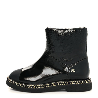 Chanel Crumpled Calfskin Shearling Womens Cap Toe Chain Short Boots 37 Black 1 of 8