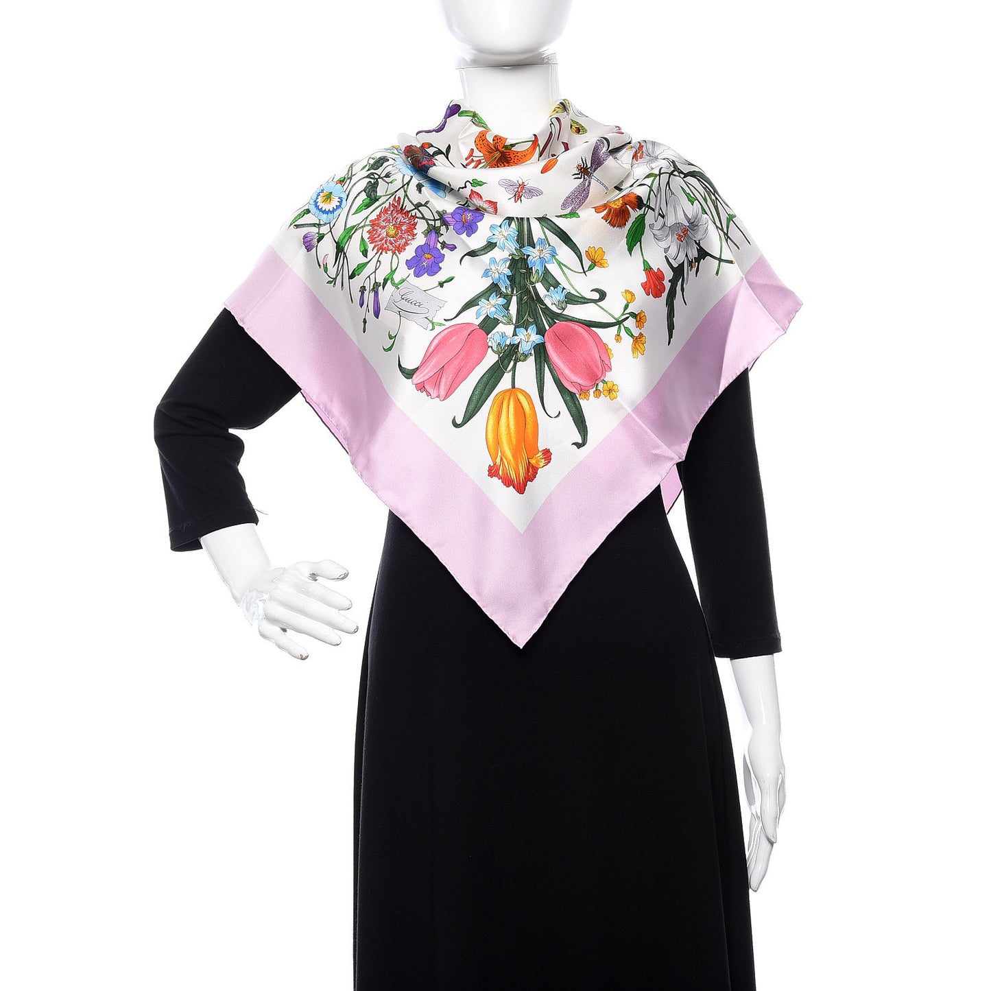 Silk Twill Flora Square Scarf Pink White