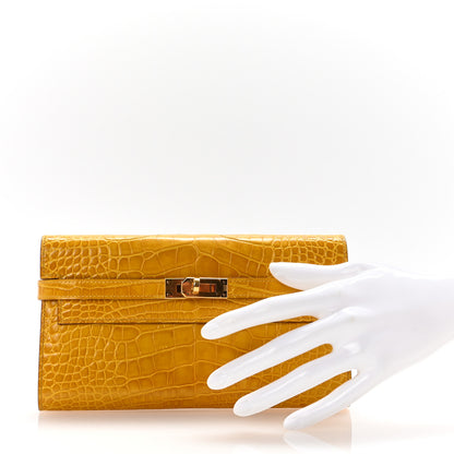 Hermes Shiny Alligator Kelly Longue Wallet Jaune Ambre 2 of 10