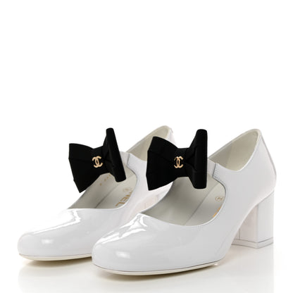 Chanel Patent Calfskin Grosgrain Bow Mary Jane Pumps 37 White Black 3 of 8