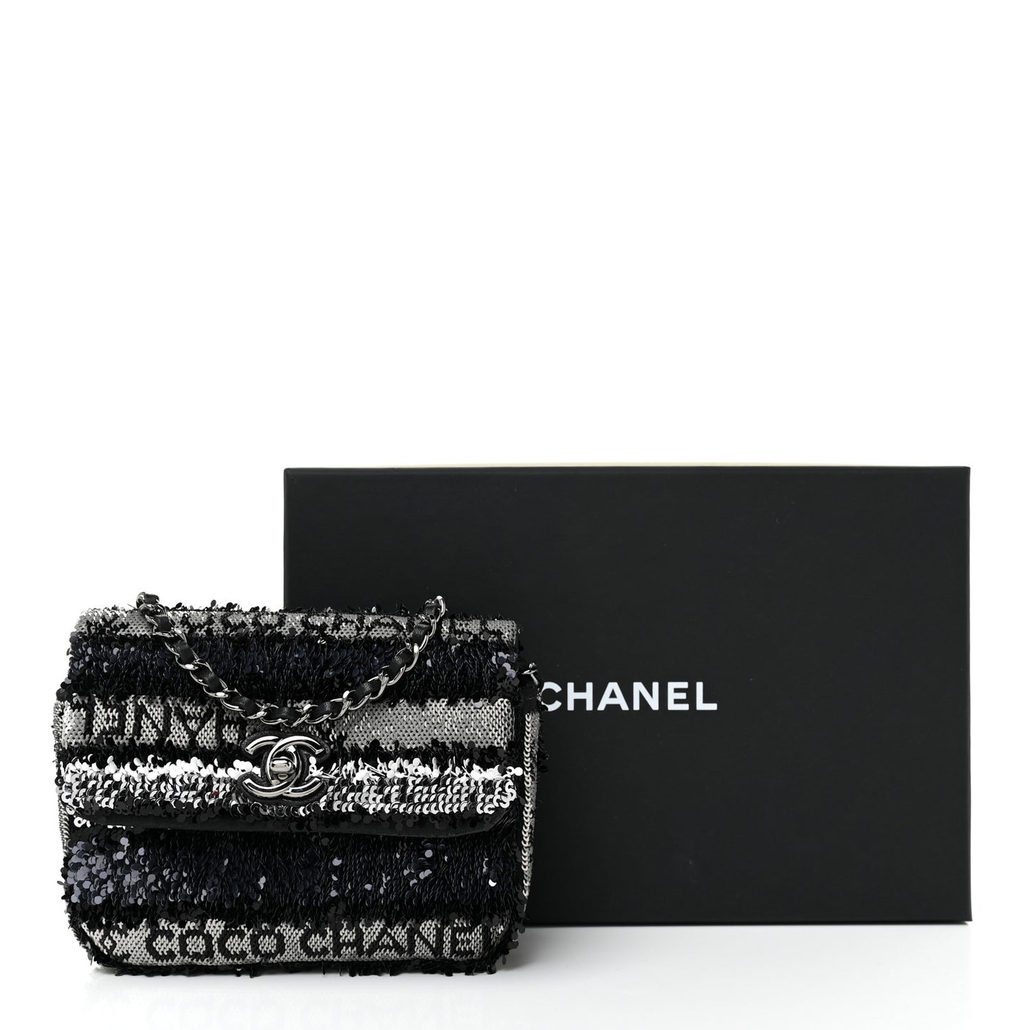 Sequin COCO Clutch With Chain Black Silver