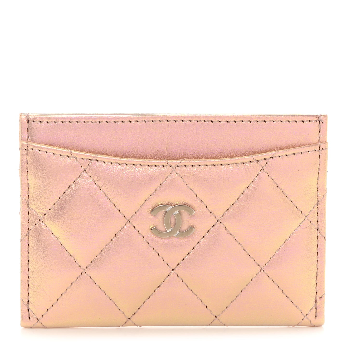 Iridescent Calfskin Quilted Card Holder Pink