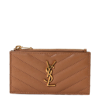 Saint Laurent Grain De Poudre Matelasse Chevron Monogram Fragments Zippered Card Case Cork 1 of 6