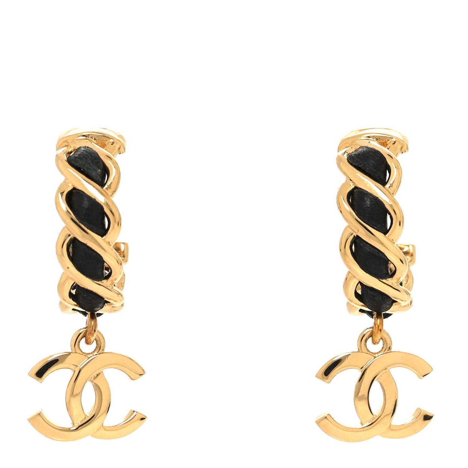 Chanel Lambskin CC Chain Hoop Earrings Matte Gold Black 1 of 5