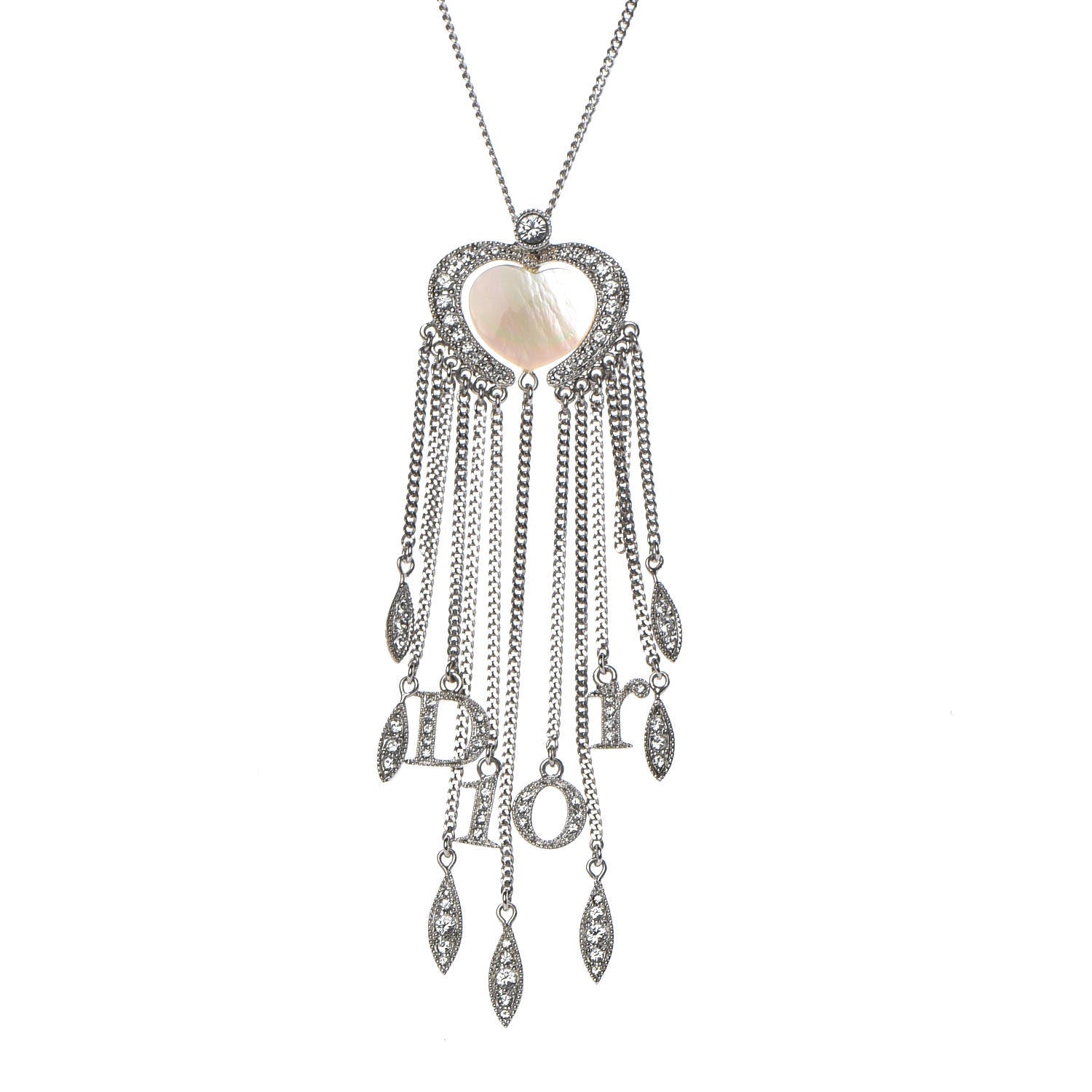 Christian Dior Crystal Mother of Pearl Heart Necklace Silver 6 of 6
