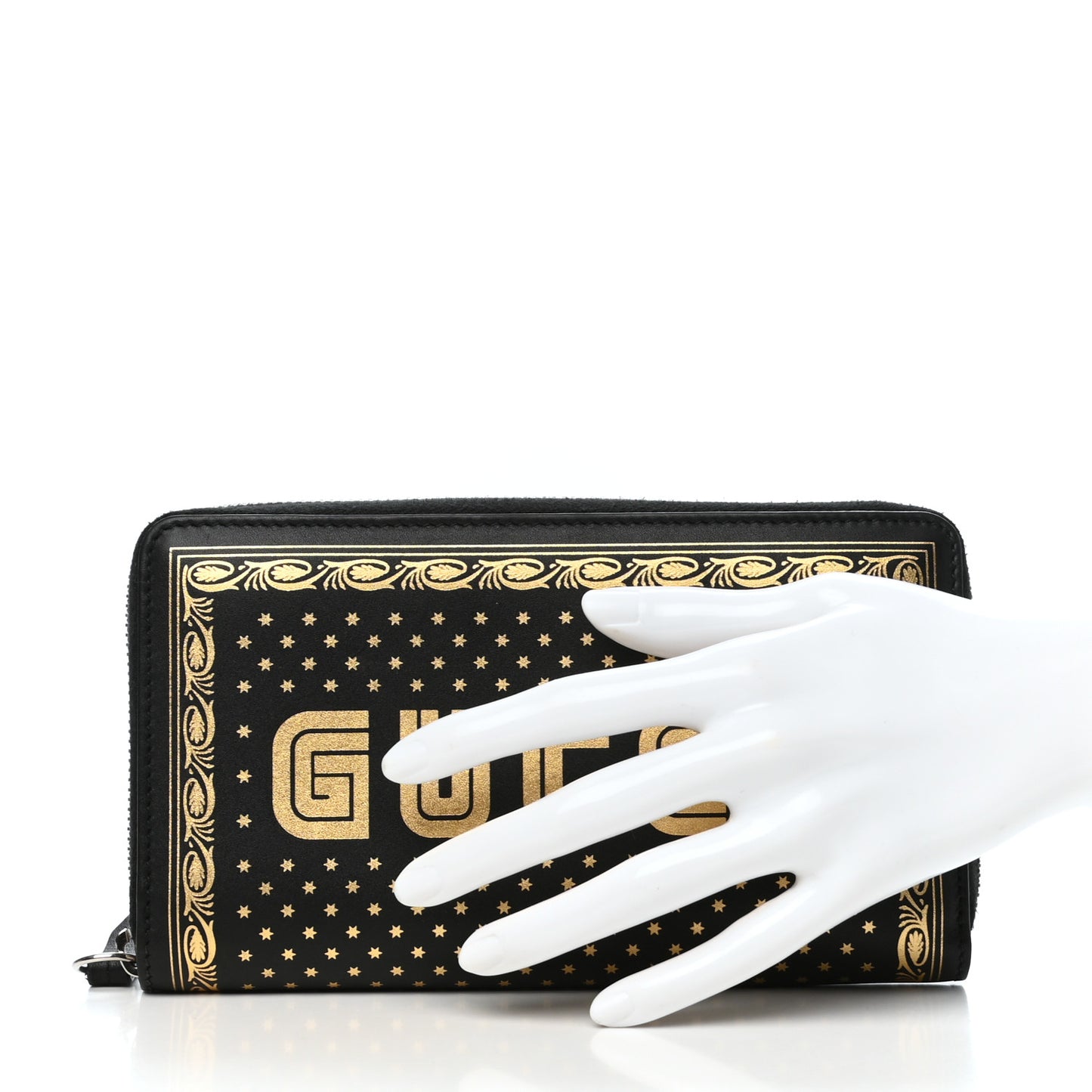 X SEGA Calfskin GUCCY Stars Zip Around Wallet Black Gold