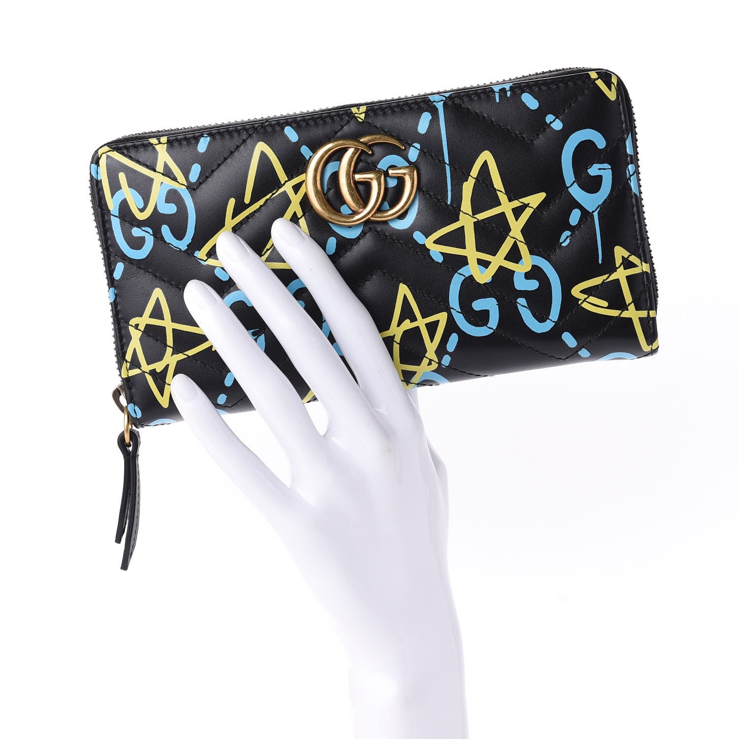 Gucci Calfskin Matelasse GucciGhost GG Marmont Zip Around Wallet Black New Acquamarine 2 of 10