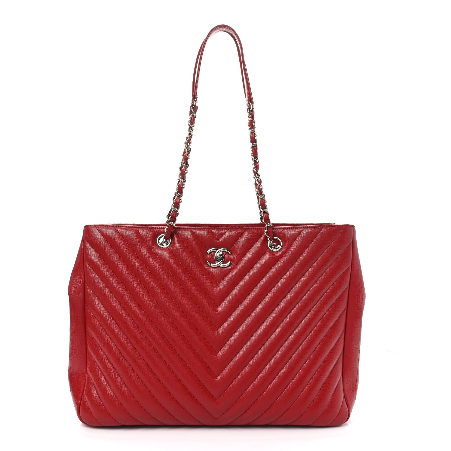 Chanel Caviar Chevron Quilted Large Coco Handle Shopping Tote Red 1 of 10