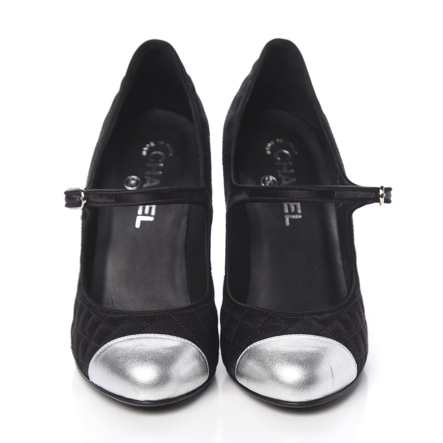 Satin Quilted Metallic Calfskin Cap Toe Mary Jane Pumps 38.5 Black