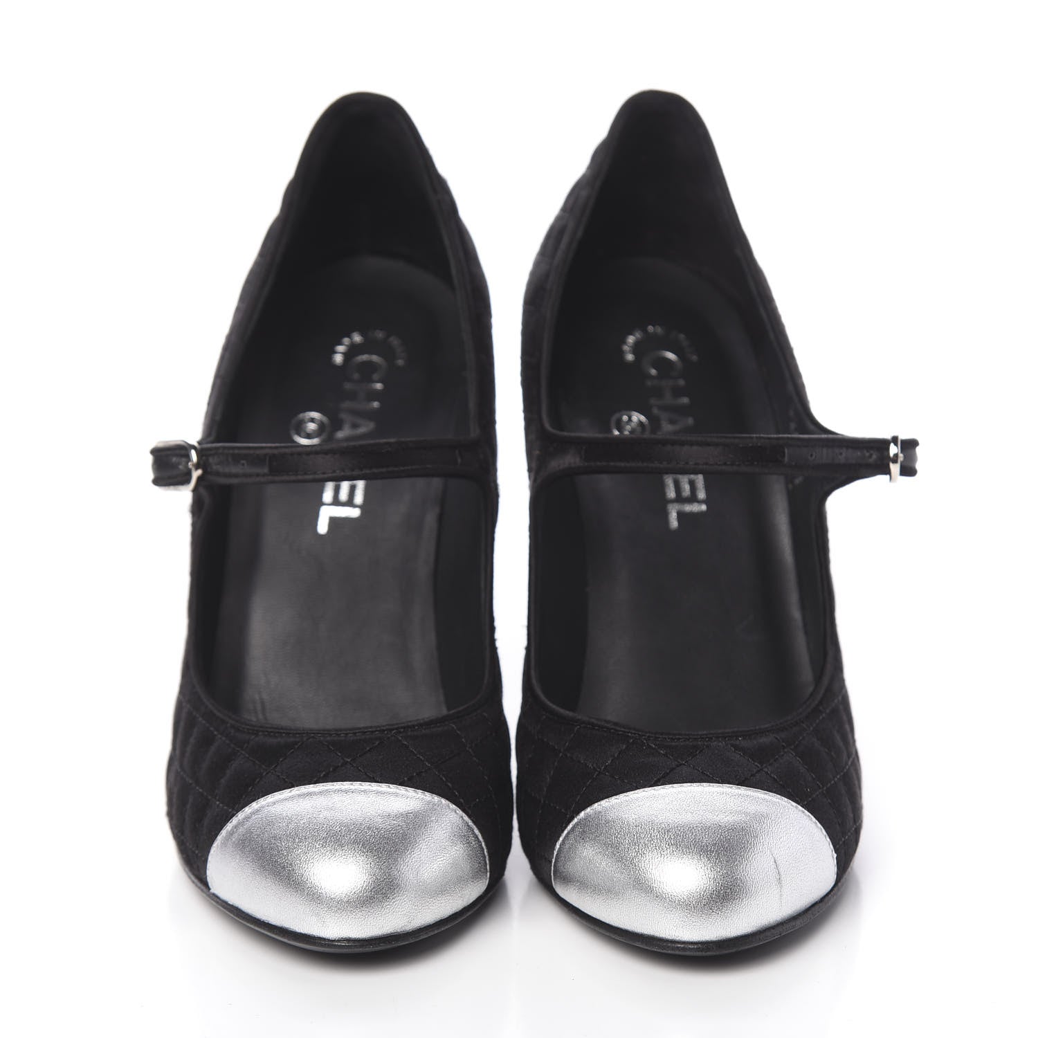 Chanel Satin Quilted Metallic Calfskin Cap Toe Mary Jane Pumps 38.5 Black 2 of 13