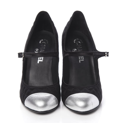 Chanel Satin Quilted Metallic Calfskin Cap Toe Mary Jane Pumps 38.5 Black 2 of 13