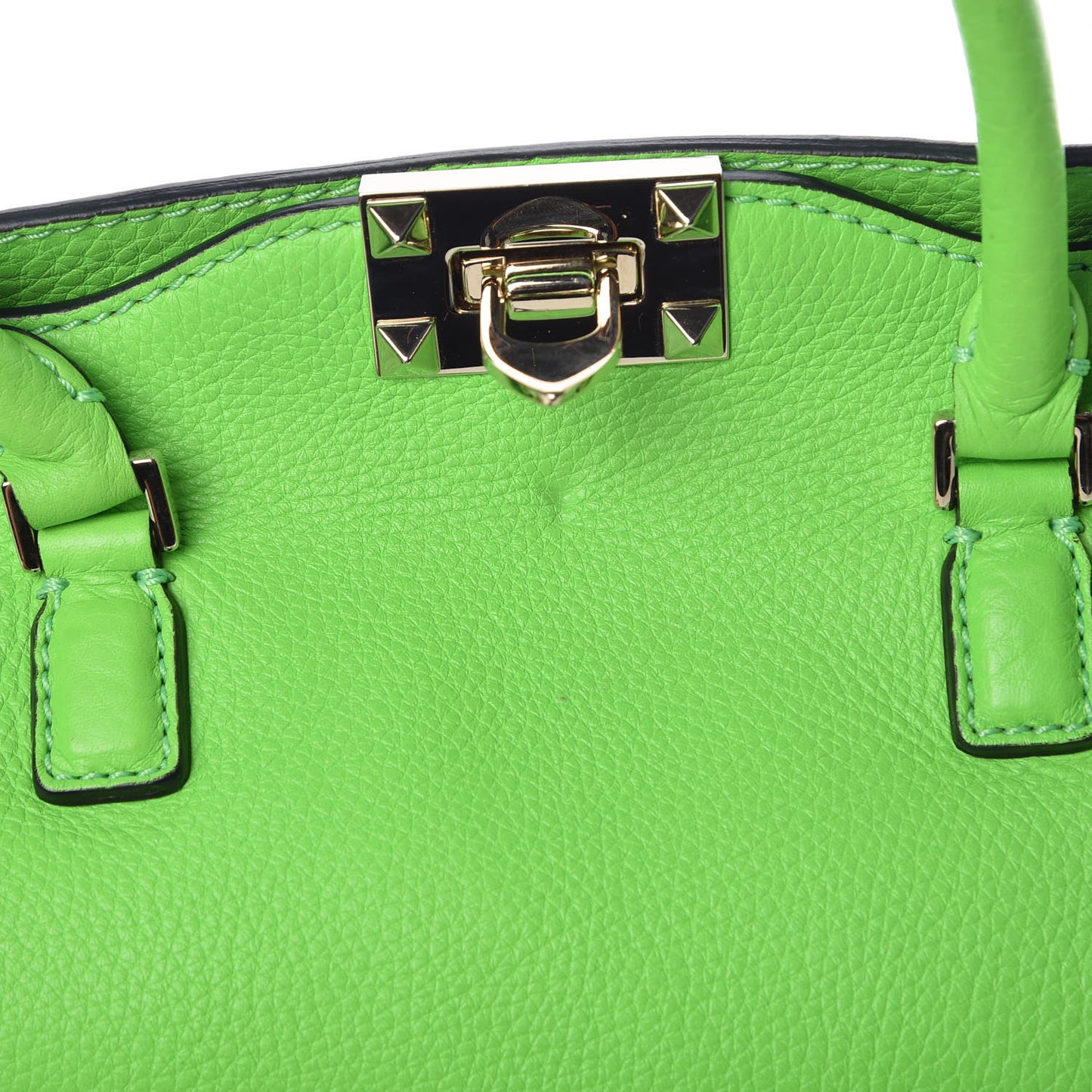 Pebbled Calfskin Small Rockstud Double Handle Tote Green Fluo