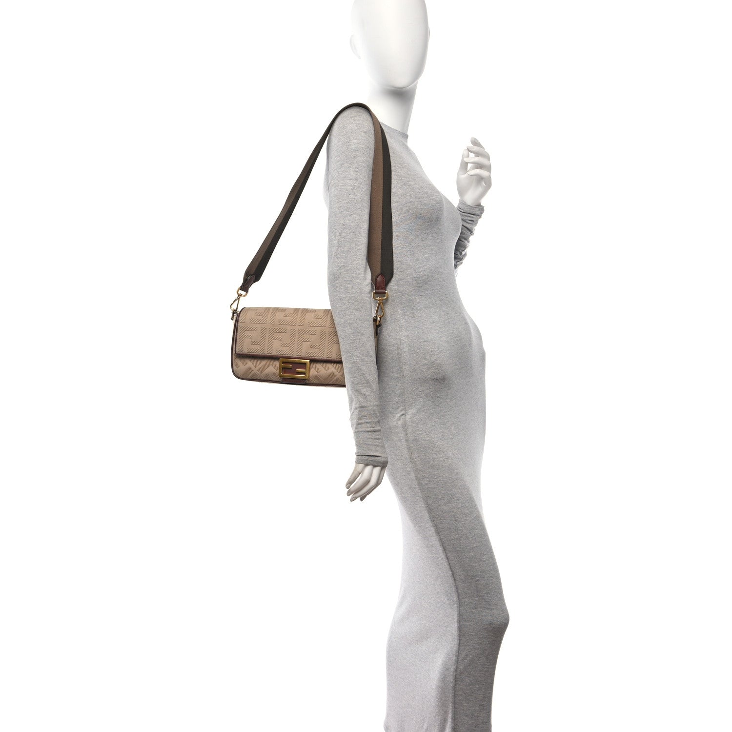 Fendi Canvas Vitello King Bi-Color Strap FF Embroidered Baguette Beige 2 of 10