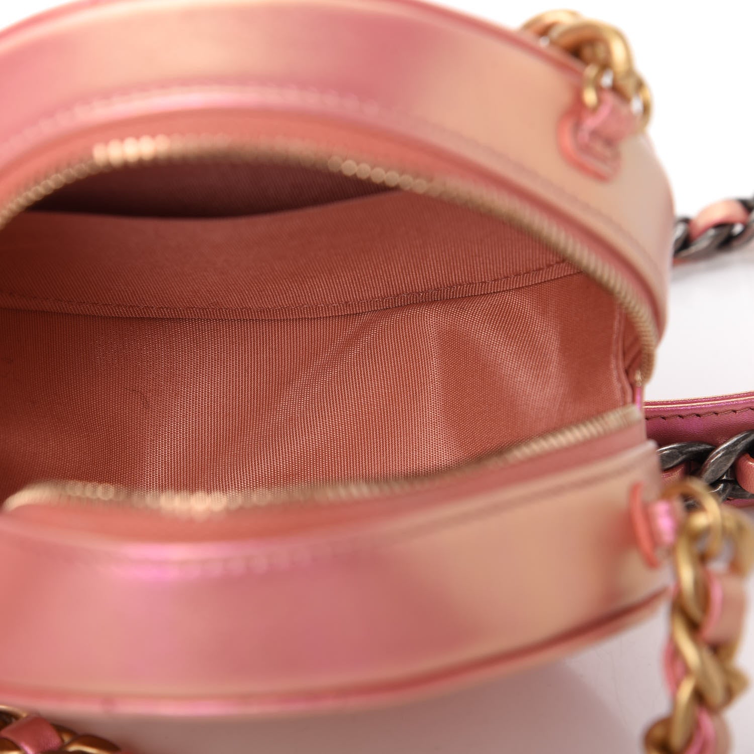 Chanel Iridescent Calfskin Quilted Chanel 19 Round Clutch With Chain Pink 5 of 10