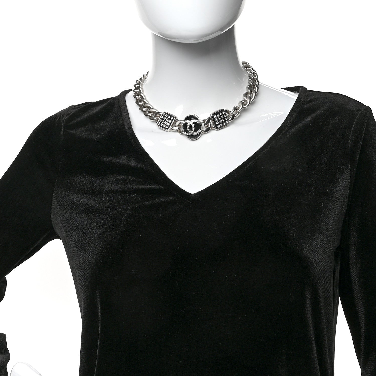 Chanel Metal Resin Crystal CC Choker Necklace Black Silver 2 of 5